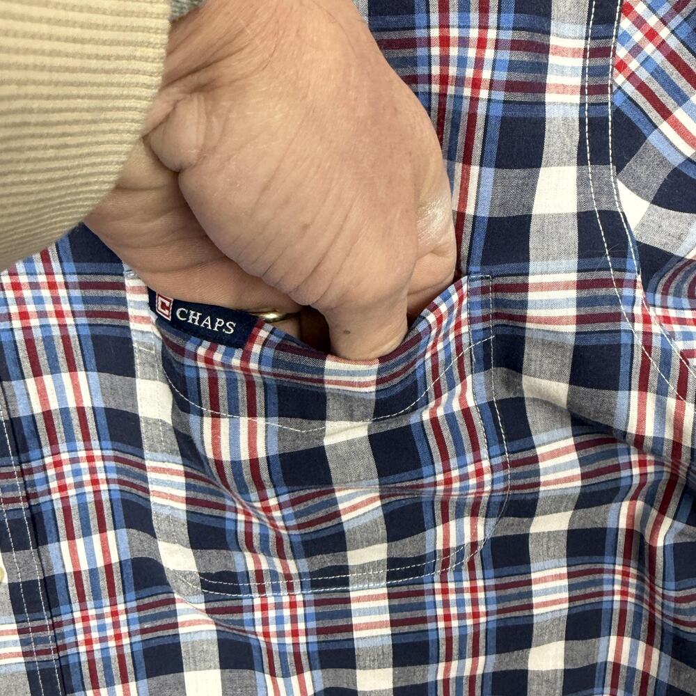 Chaps Shirt Mens Large Blue Red Plaid Short Sleeve Preppy Eclectic Grandpacore - Picture 4 of 14